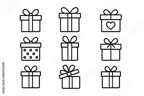Collection of nine wrapped gift boxes with bows representing holidays and celebrations