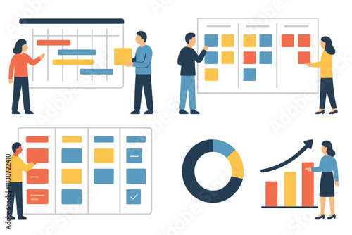 Business professionals collaborating on project management tasks and analyzing financial data