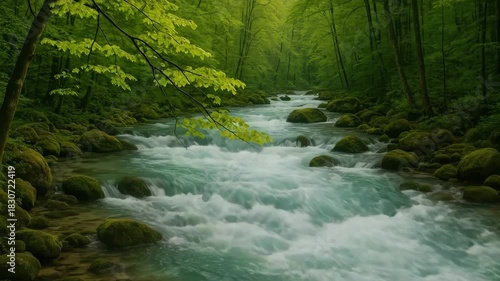Serene flowing river winding through lush green forest with vibrant foliage smooth water cascading over mossy stones under soft natural light in a tranquil outdoor setting