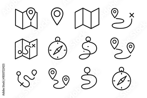 Essential navigation symbols including folded map, GPS location pins, route paths, and compass signs
