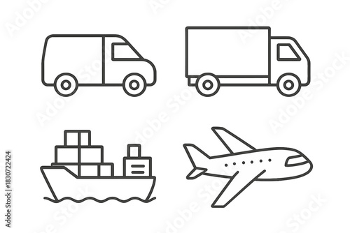 Outline icons set of commercial logistics, freight, and worldwide delivery transportation vehicles