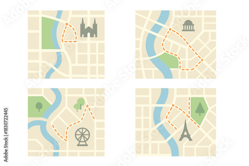 Simplified city maps showing navigation routes to famous international landmarks