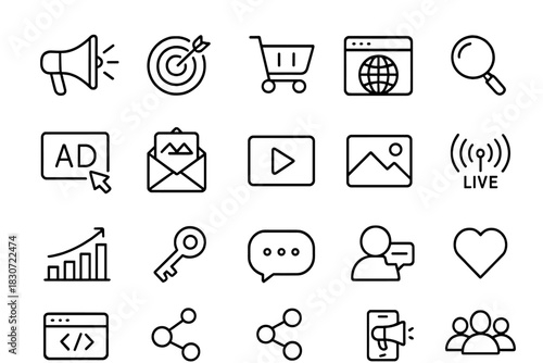 Outline icons set covering digital marketing, social media, SEO, and online business