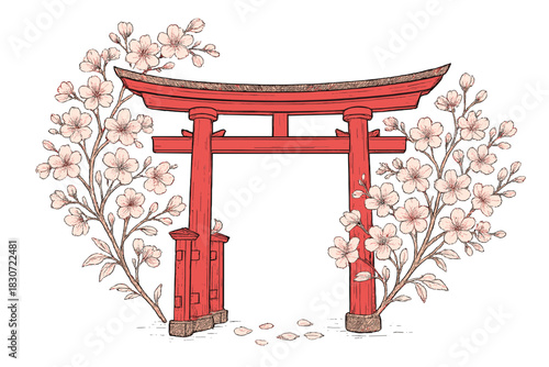 Iconic red Torii gate framed by blooming sakura flowers in a traditional Japanese setting
