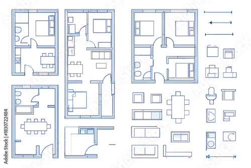 Detailed architectural floor plans and interior design elements for residential buildings
