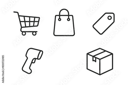 Essential e-commerce and retail line elements including shopping cart, bag, price tag, scanner, and delivery box