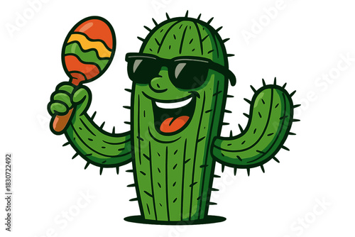 Smiling desert cactus character with sunglasses holding a traditional Mexican maraca instrument