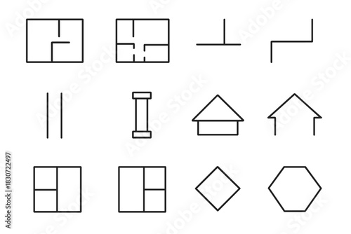 Minimalist linear icons featuring house outlines, room layouts, and fundamental geometric shapes