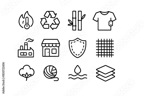 Sustainable fashion and textile industry symbols for recycling, cotton, and fabric