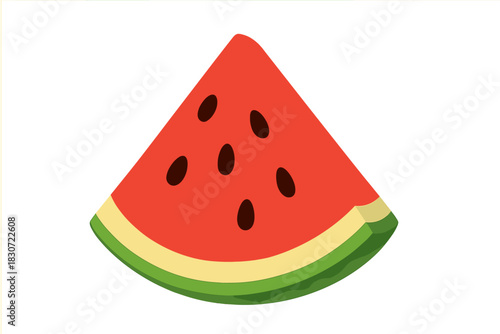 Juicy triangular slice of fresh ripe watermelon with black seeds and green rind