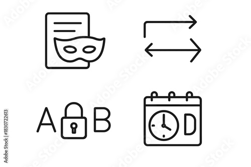Outline icons for business concepts: anonymity, data transfer, secure access, and scheduling