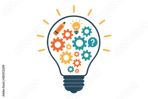 Lightbulb filled with colorful gears symbolizing creative thinking and innovation