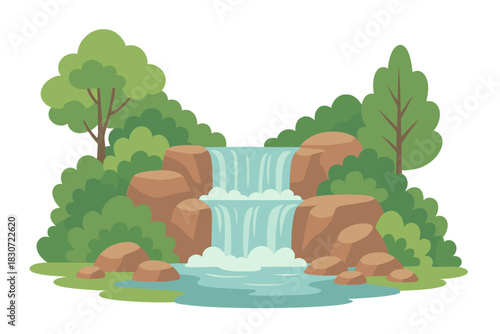 Tiered waterfall flowing over large brown rocks surrounded by lush green foliage and trees