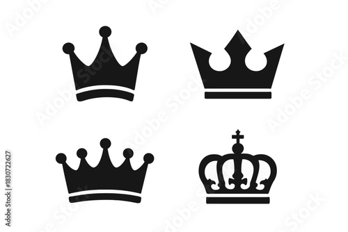 Four stylized black crown symbols representing royalty, power, authority, and leadership