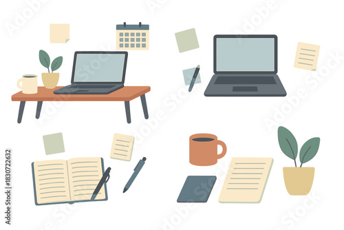 Essential objects for remote work and study including laptop, notebook, and coffee