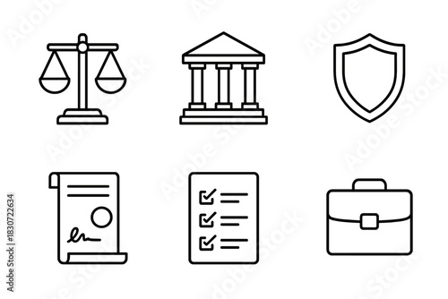 Outline icons for legal, justice, and business themes: scales, courthouse, shield, contract, checklist, briefcase