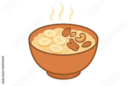 Steaming bowl of hot oatmeal porridge topped with fresh banana slices and assorted nuts