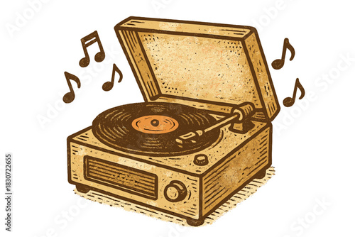 Nostalgic portable record player spinning a vinyl disc with musical notes rising
