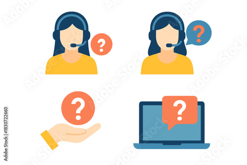 Collection of customer service and FAQ icons including a helpdesk operator with headset and question marks