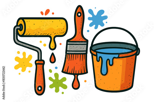 Paint roller brush and bucket full of colorful liquid paint with splatters and drips