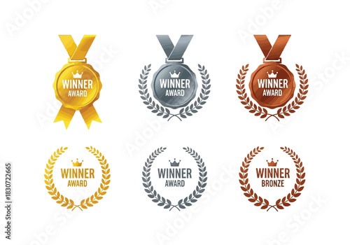 Vector illustration of set of six winner award medal icons in gold, silver, and bronze colors with laurel wreath design