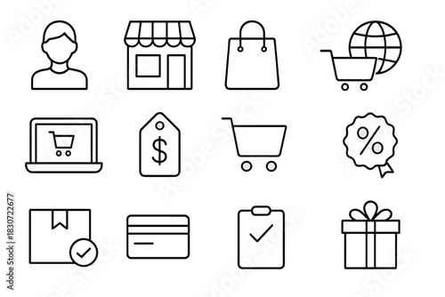 Outline icons representing e-commerce, retail business, online shopping processes, payment, and delivery services