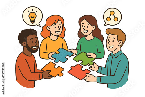 Diverse colleagues assembling puzzle pieces representing business teamwork and shared ideas