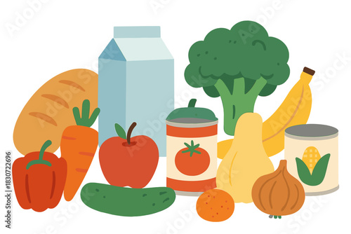 Assortment of essential grocery items including fresh fruits, vegetables, and pantry staples