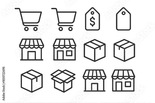 Minimalist line icons for shopping, e-commerce, retail, and delivery services