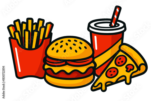 Classic fast food combo meal with cheeseburger, french fries, soda, and pepperoni pizza slice