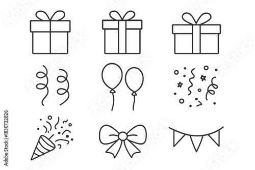 Minimalist outline icons for holiday celebration and festive events including gift boxes and balloons