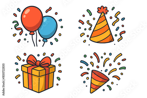Brightly colored birthday celebration elements including balloons, gift, party hat, and confetti