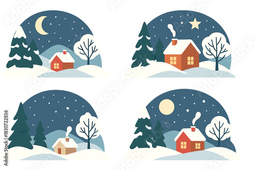 Four cozy winter night scenes with snowy houses and evergreen trees under a starry sky