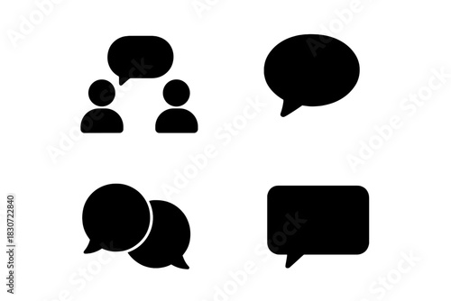 Black communication icons set for chat, dialogue, group discussion, and messaging bubbles