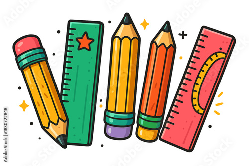 Brightly colored school supplies arrangement with pencils and measuring rulers on white