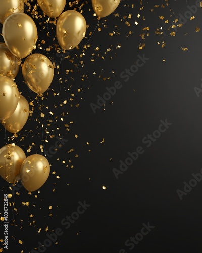 A luxurious celebration background featuring gold party balloons and shimmering confetti exploding against black backdrop, perfect for New Year events, birthdays, anniversaries, and gala parties