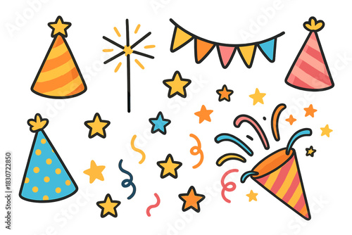 Bright celebration accessories set with party hats, bunting banner, sparkler, and confetti popper