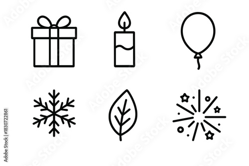 Minimalist set of holiday, celebration, and nature symbols: gift, candle, balloon, snowflake, leaf, and fireworks