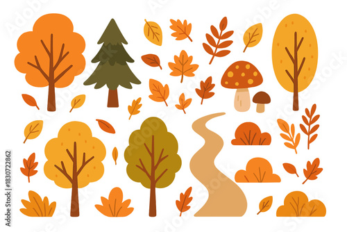 Collection of stylized autumn nature elements including trees, fall foliage, and forest mushrooms