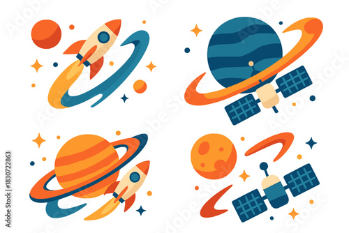 Colorful space exploration icons featuring rockets, planets, rings, and orbiting satellites