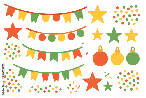 Colorful festive decoration set with bunting flags, stars, confetti, and Christmas baubles