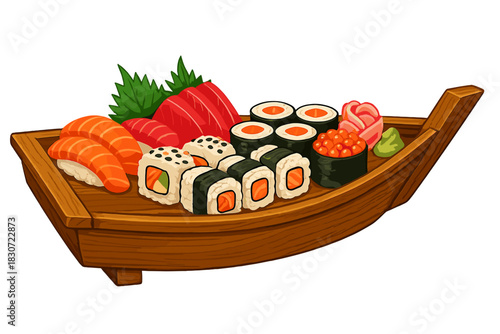 Assortment of fresh Japanese sushi and sashimi served on a traditional wooden boat plate