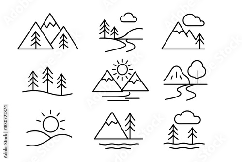 Simple outline icons of mountains, forests, nature, and outdoor landscapes