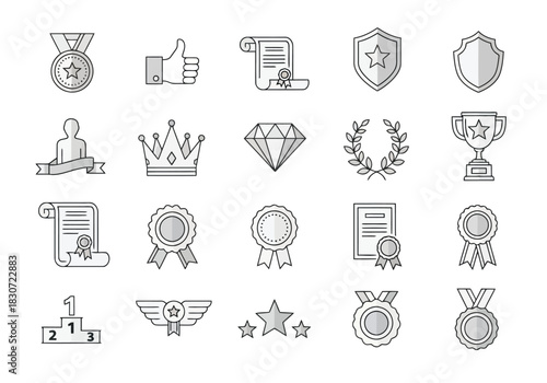 Vector illustration of collection of line art icons representing achievement, award, success, quality, and recognition symbols