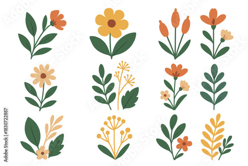 Stylized botanical elements featuring abstract flowers and green leaves in modern flat design