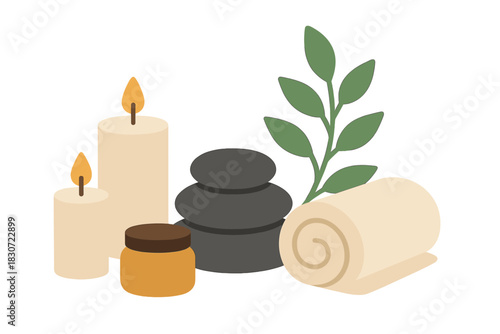 Spa wellness setup with lit candles, smooth massage stones, cosmetic jar, and fresh green leaves