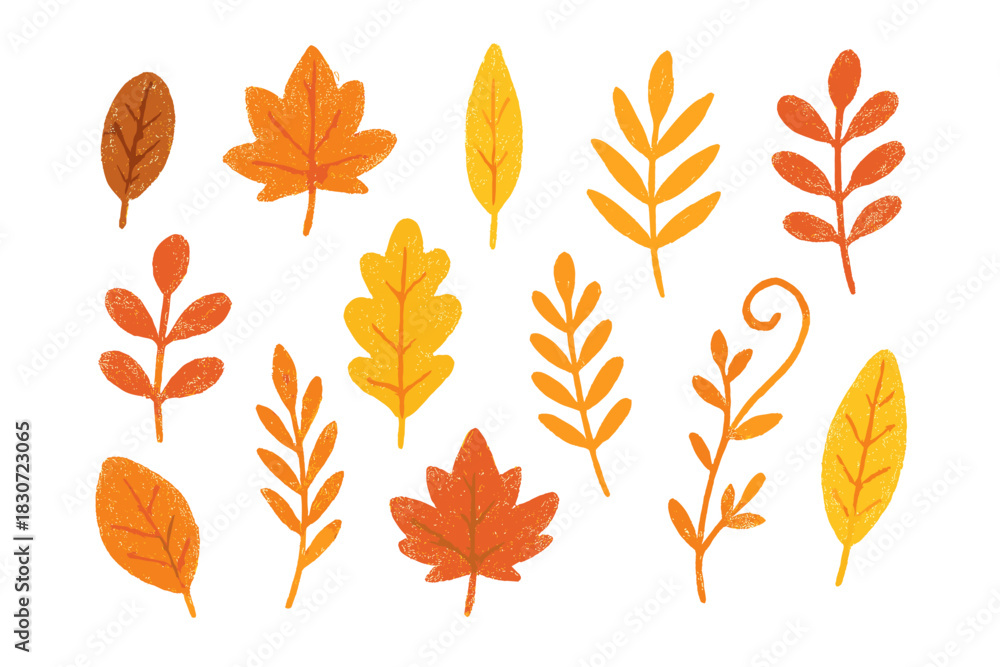 Fototapeta premium Set of colorful autumn leaves and branches featuring a hand-drawn crayon texture