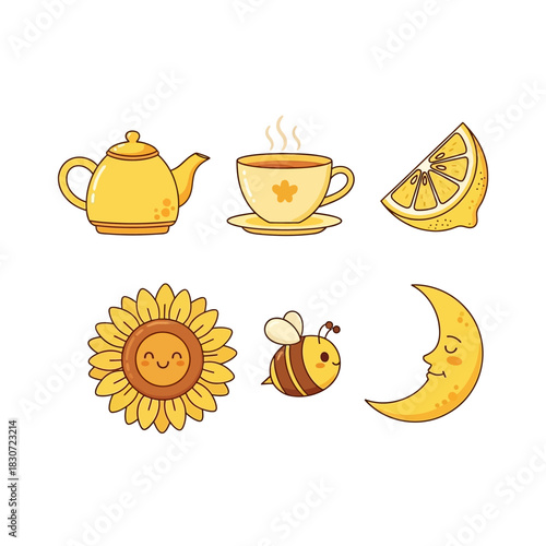 Delightful cartoon still life: A whimsical collection of cheerful kitchenware icons and sunny