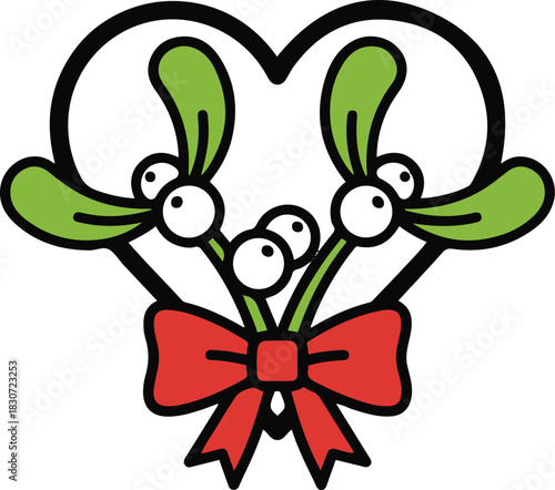 A romantic cartoon illustration of mistletoe branches curved to form a heart shape, featuring green leaves, white berries, and a red ribbon bow at the bottom.