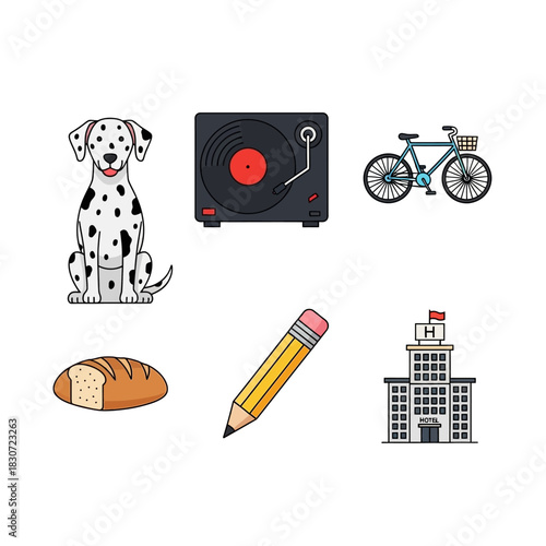 Collection of illustrated objects: Dalmatian dog, retro vinyl player, and bicycle